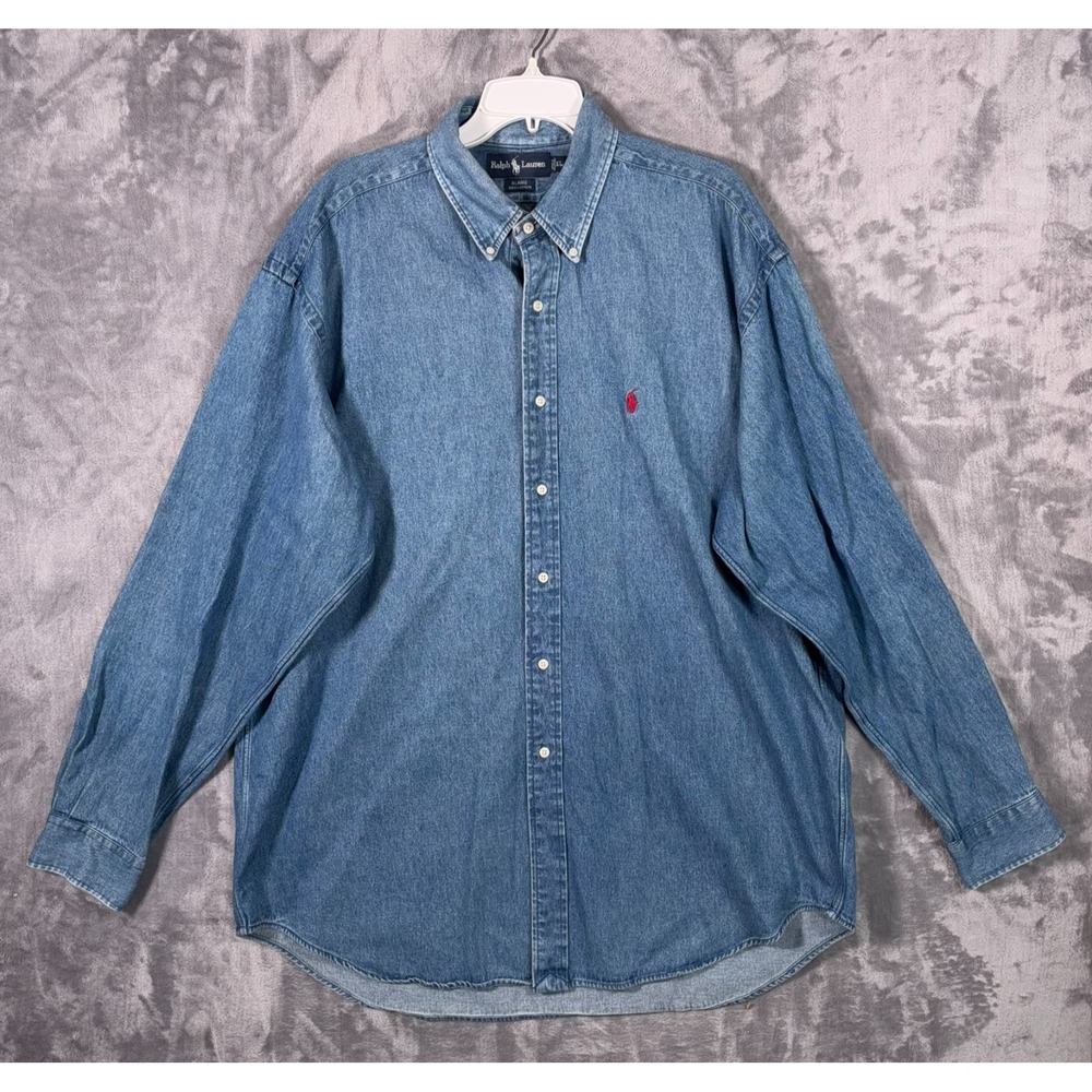 Ralph Lauren Blaire Denim Button Down Shirt Mens XL Blue Red Pony Work Western